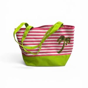 NEW Quacker Factory Striped Pink & Green Tote Bag Sequined Palm Tree Beach Bag